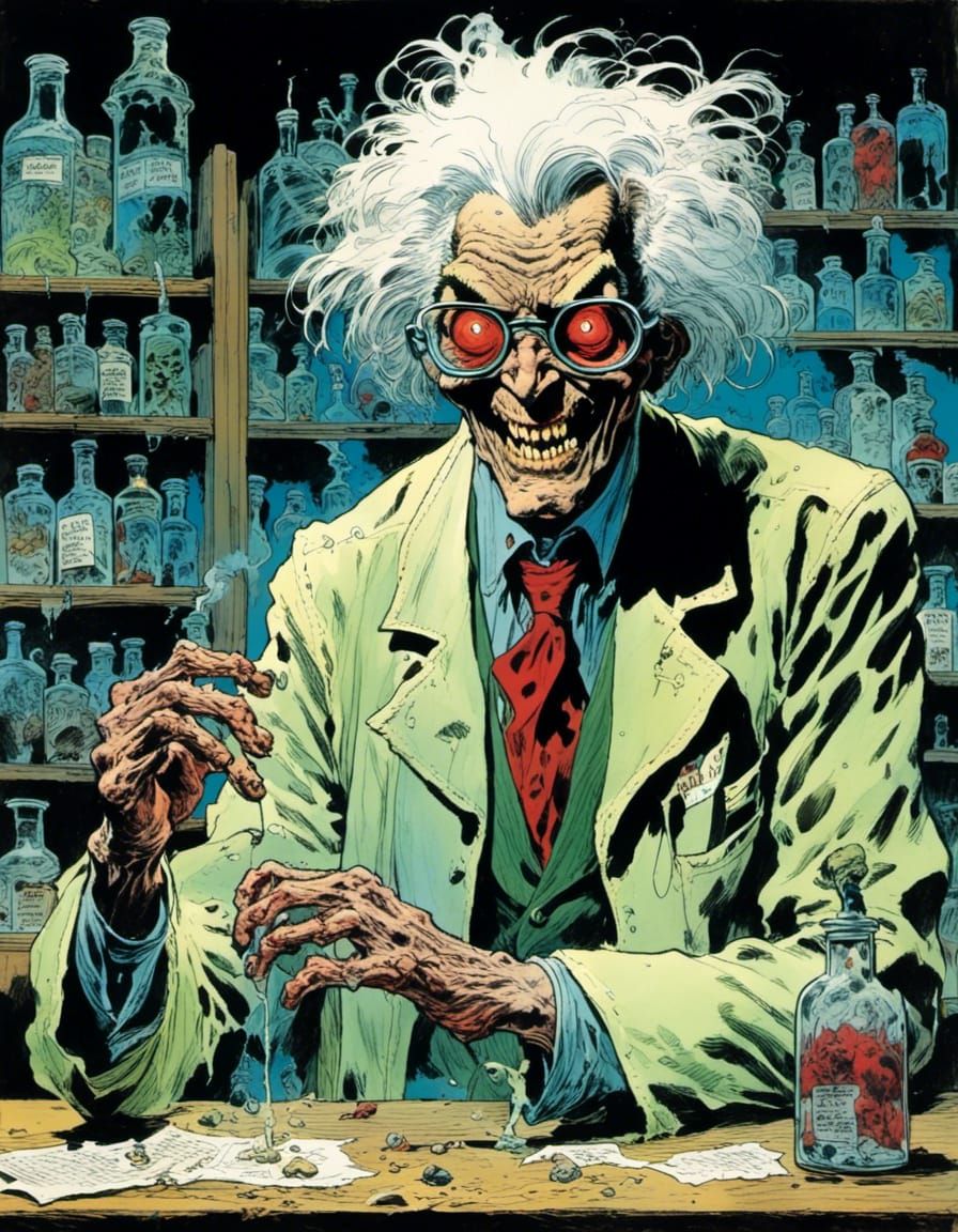 Mad Scientist in Decaying Lab, Comic Style
