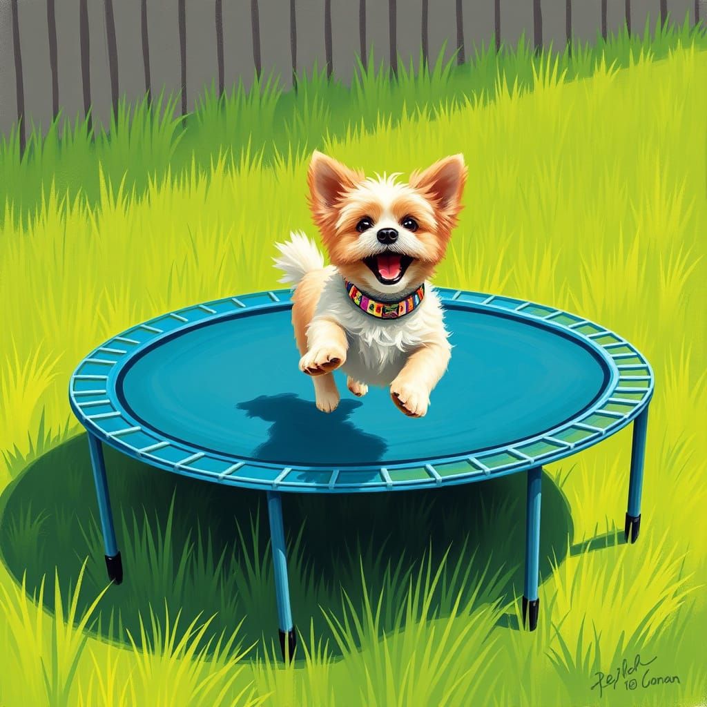 Vibrant Trampoline Fun with a Happy Little Dog