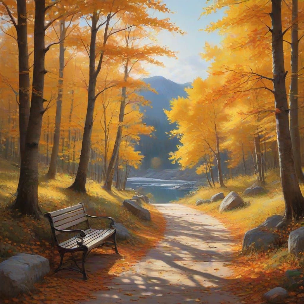 Autumn Moonrise in Park Alley: Gouache Impressionist Style