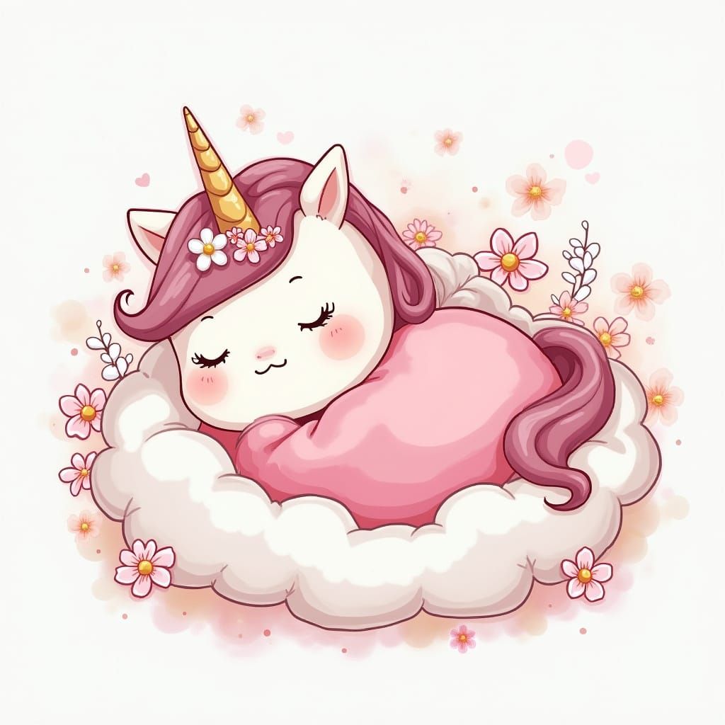 Kawaii Baby Unicorn Asleep on Cloud with Flowers