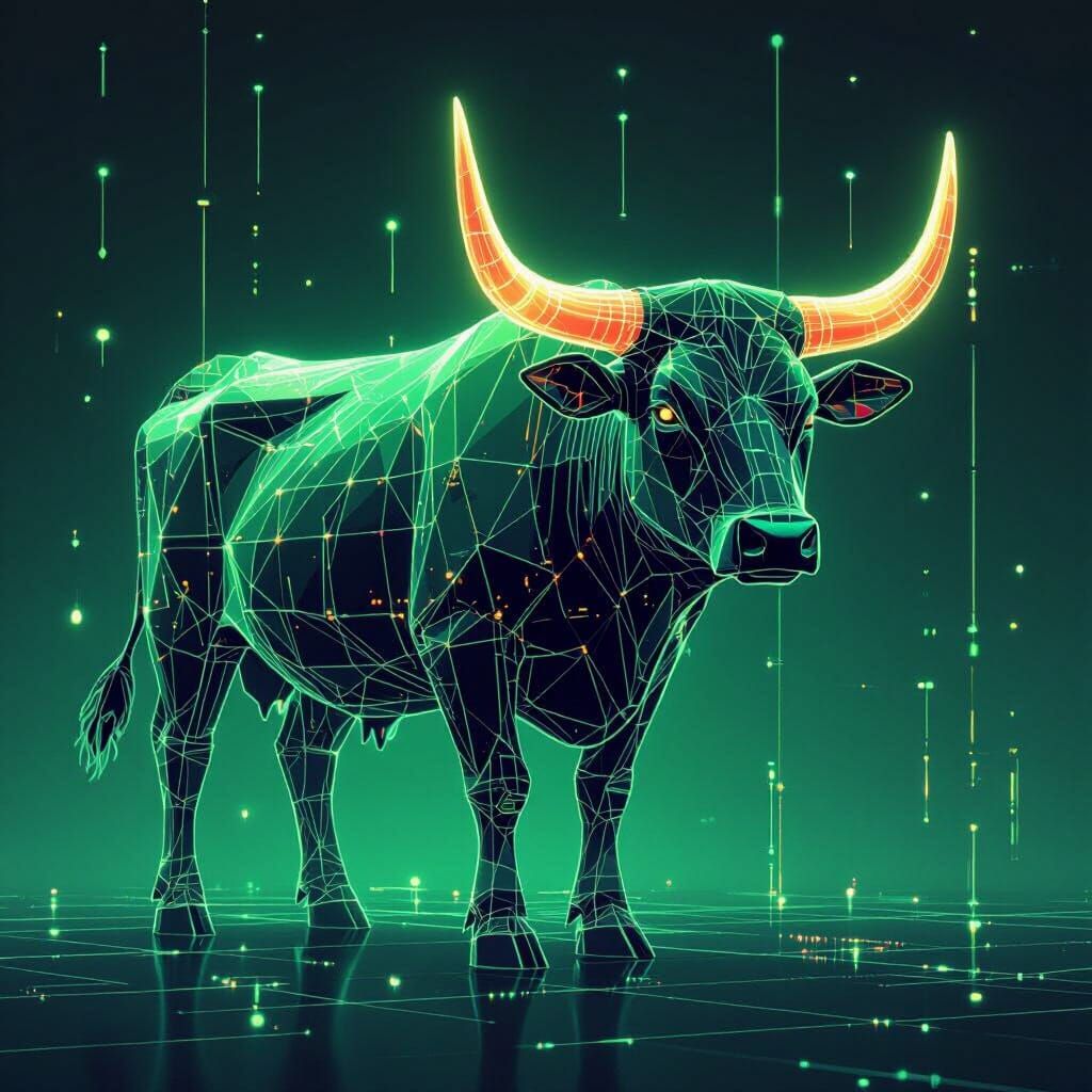 Geometric Neon Cow with Translucent Shapes