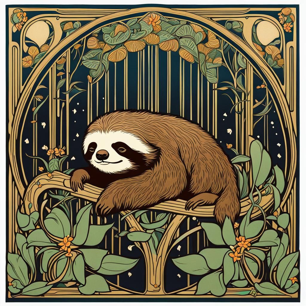 Sleepy Sloth in Art Nouveau Style