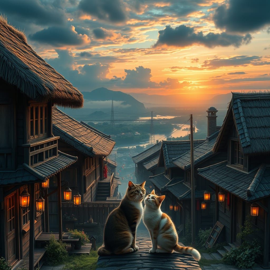Epic Sunset Village with Cats in Love