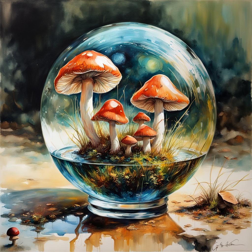 Glass Sphere of Hyperrealistic Mushrooms, Impressionistic Im...