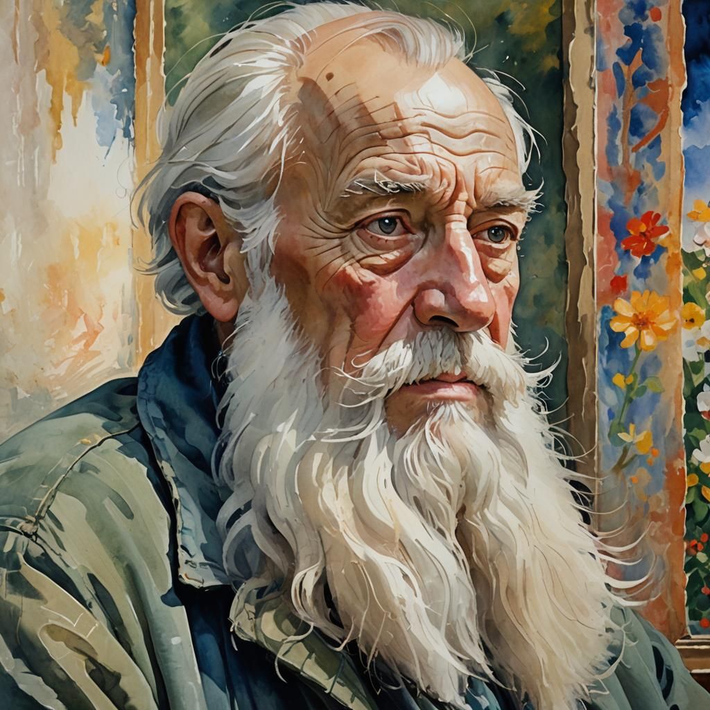 Elderly Man Contemplates a Portrait of a Beautiful Woman in....