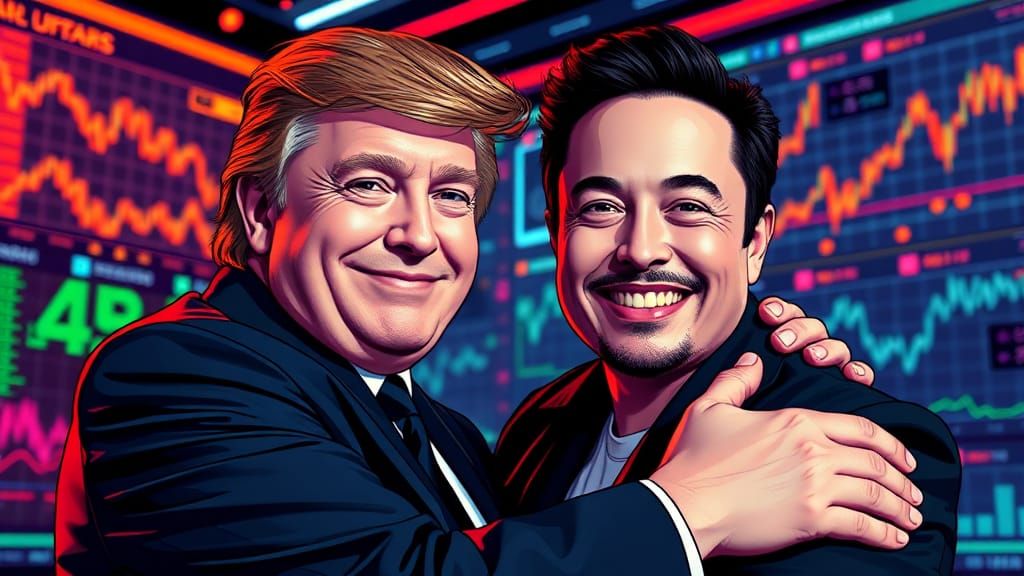 Trump and Musk Embrace in 80s Pop Art Style