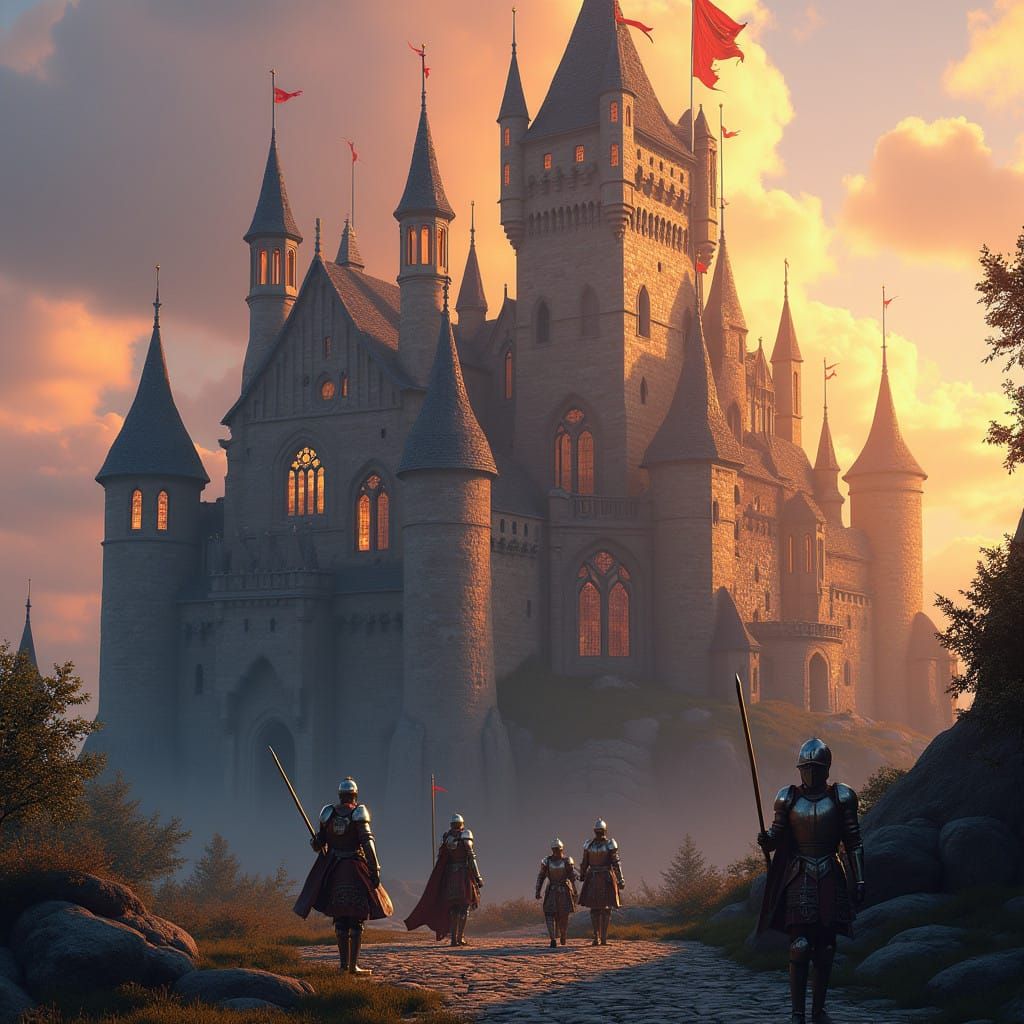 Medieval Castle in Sunset Glory with Knights on Patrol