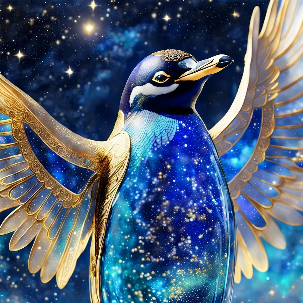 Blue Glass Penguin with Golden Wings in Galaxy