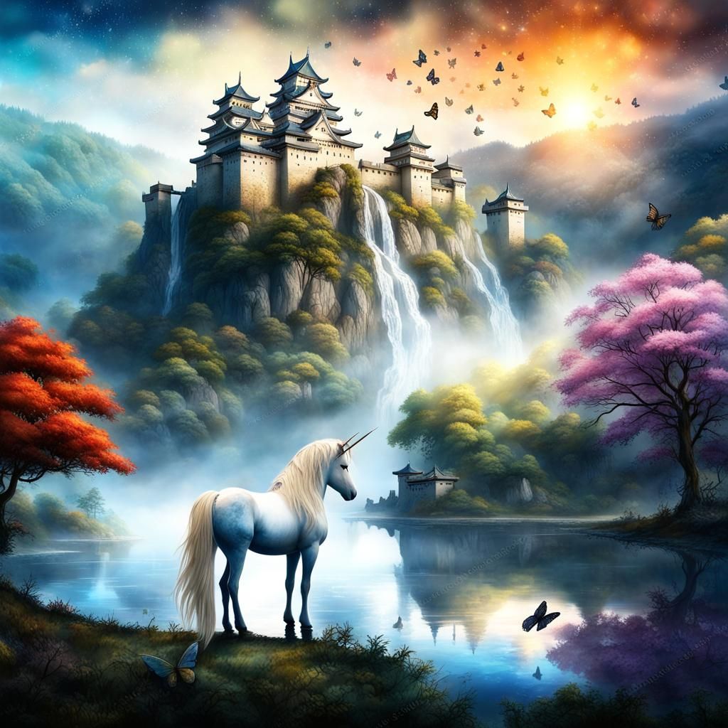 Magical Unicorn and Girl in Ink Landscape