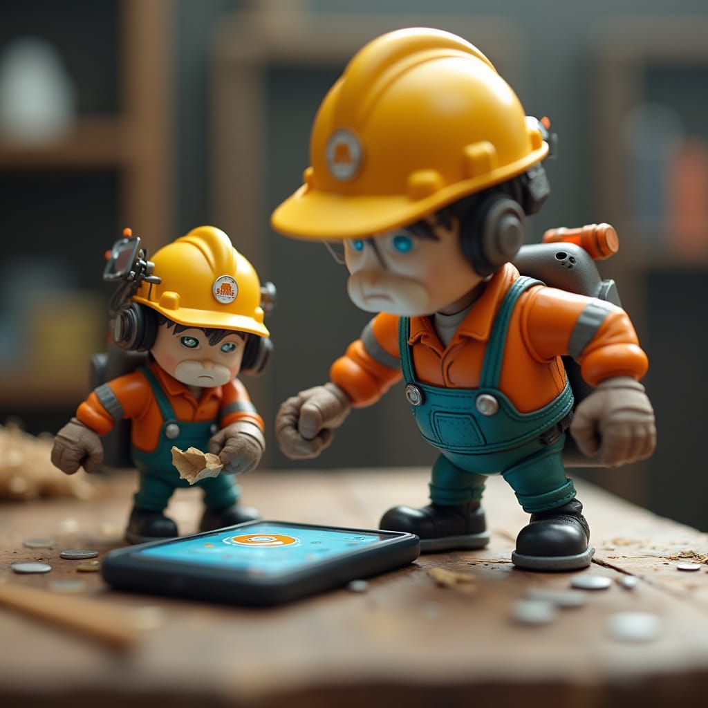 Miniature Workers Operate Cellphone in Photorealistic Style