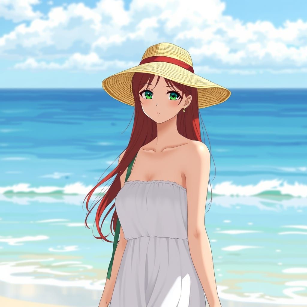 Serene Beach Stroll in Japanese Manga Style