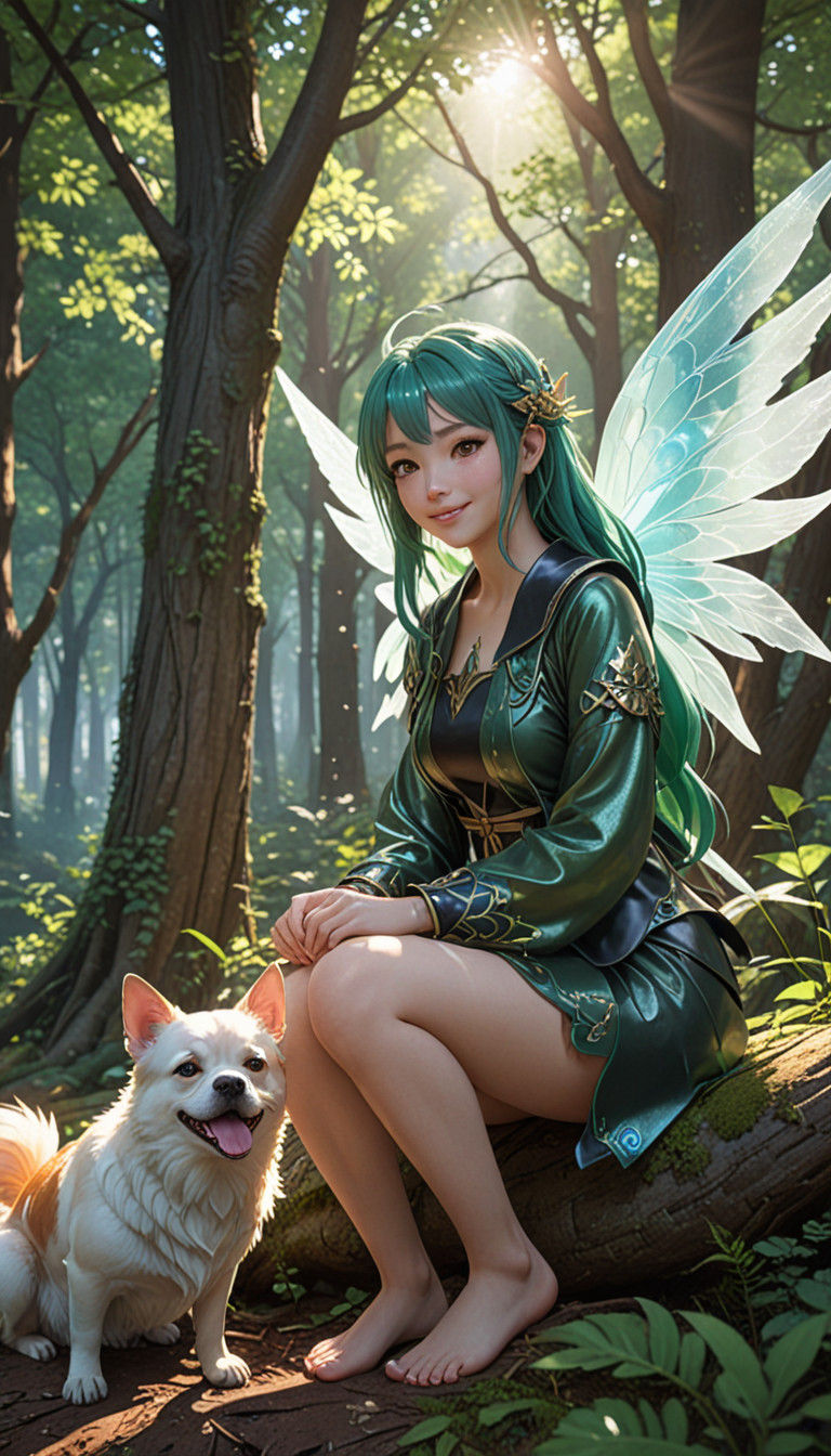 Half-Fairy Girl Sits in Magical Forest with Dog
