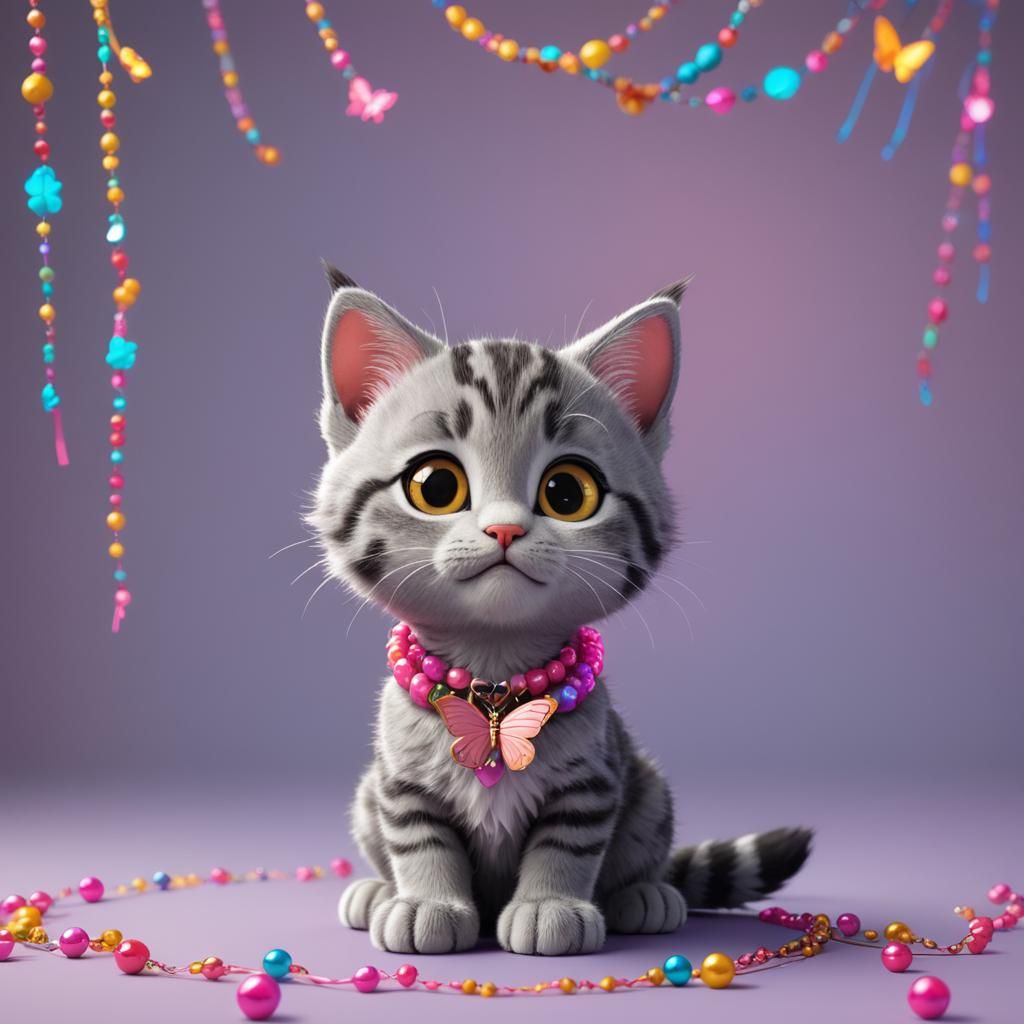 Cute Tabby Kitten with Butterfly Clips: 3D Digital Art
