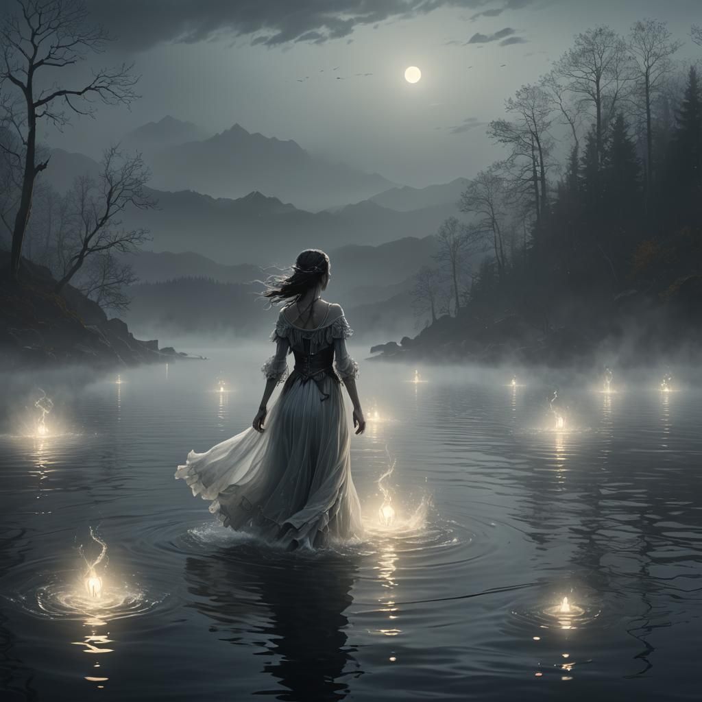 Ethereal Lights Dance on Misty Lake: Dark Fantasy Art