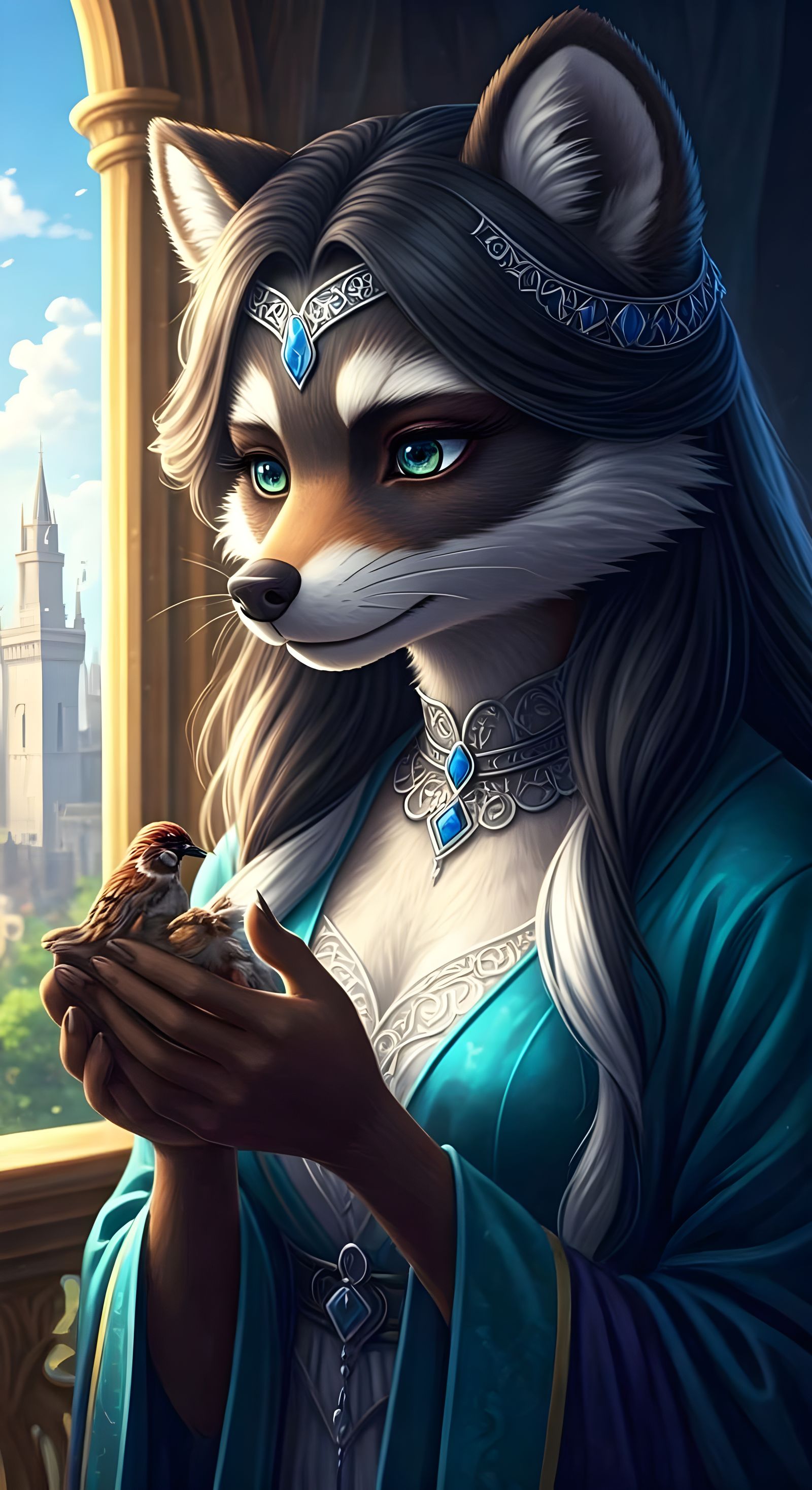 Regal Anime Anthro-Furry Princess Tends to Injured Bird