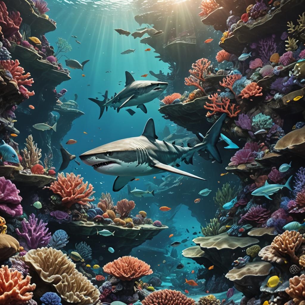 Shark and Seawolf in Coral Reef: Fantasy Concept Art