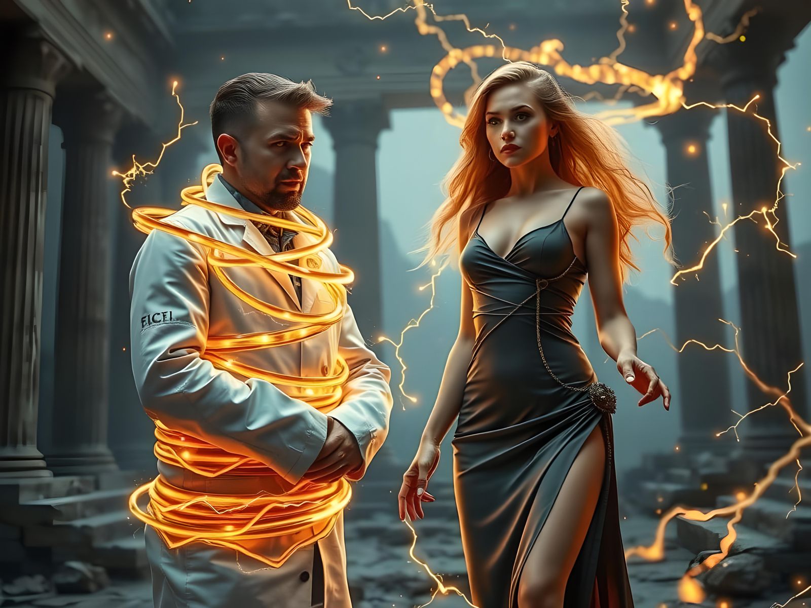 Sorceress Confronts Scientist with Magical Energy