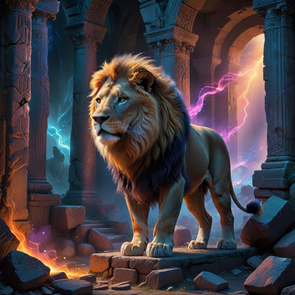 Majestic Lion Prowls Ancient Ruins in Painterly Style