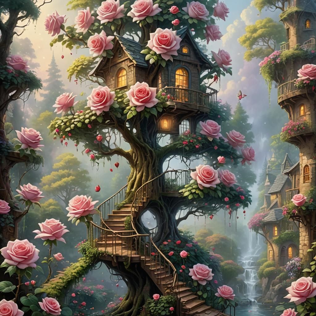 Giant Rose Treehouse in Ethereal Fantasy Style