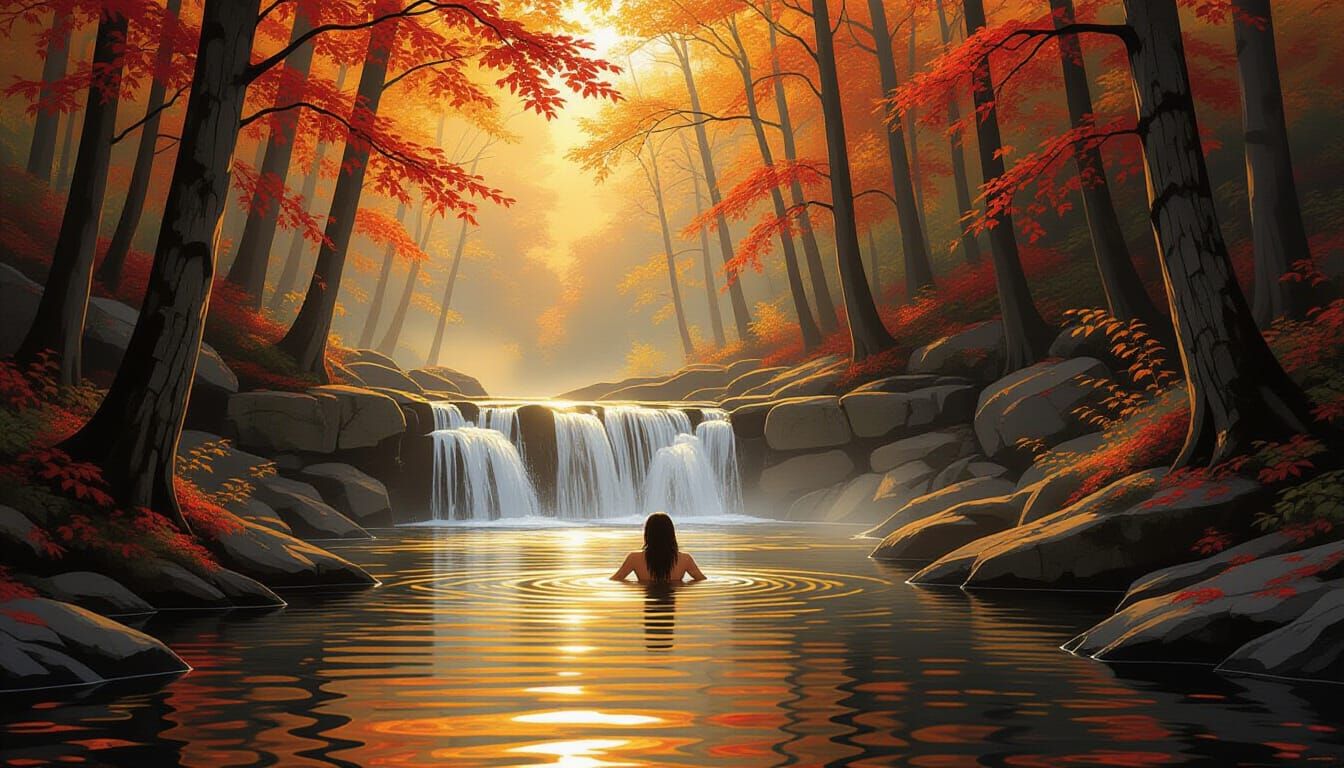 Golden Autumn Cascade with Swimmer