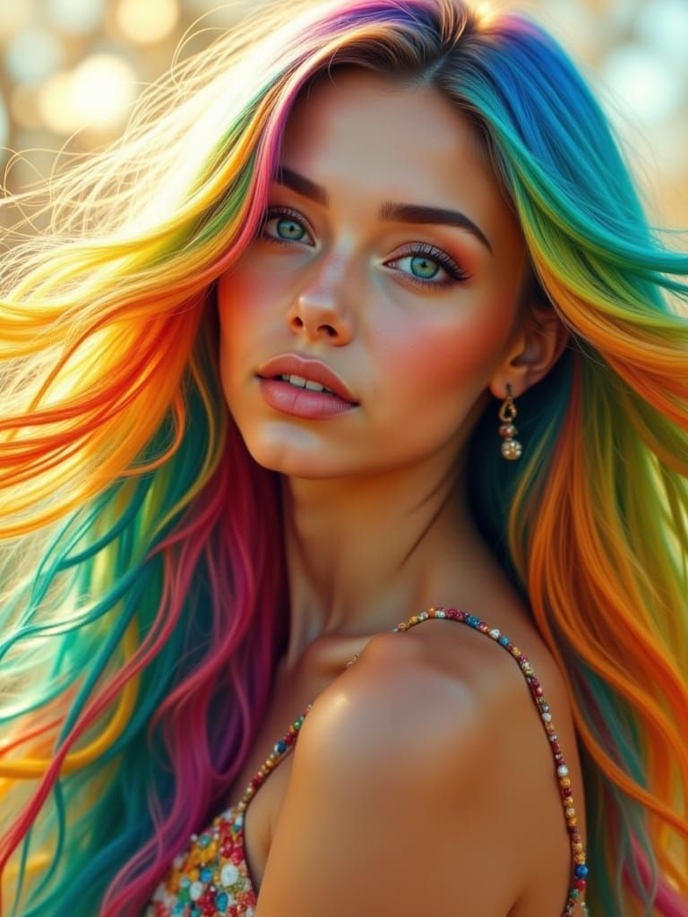 Beautiful Woman with Flowing Rainbow Hair
