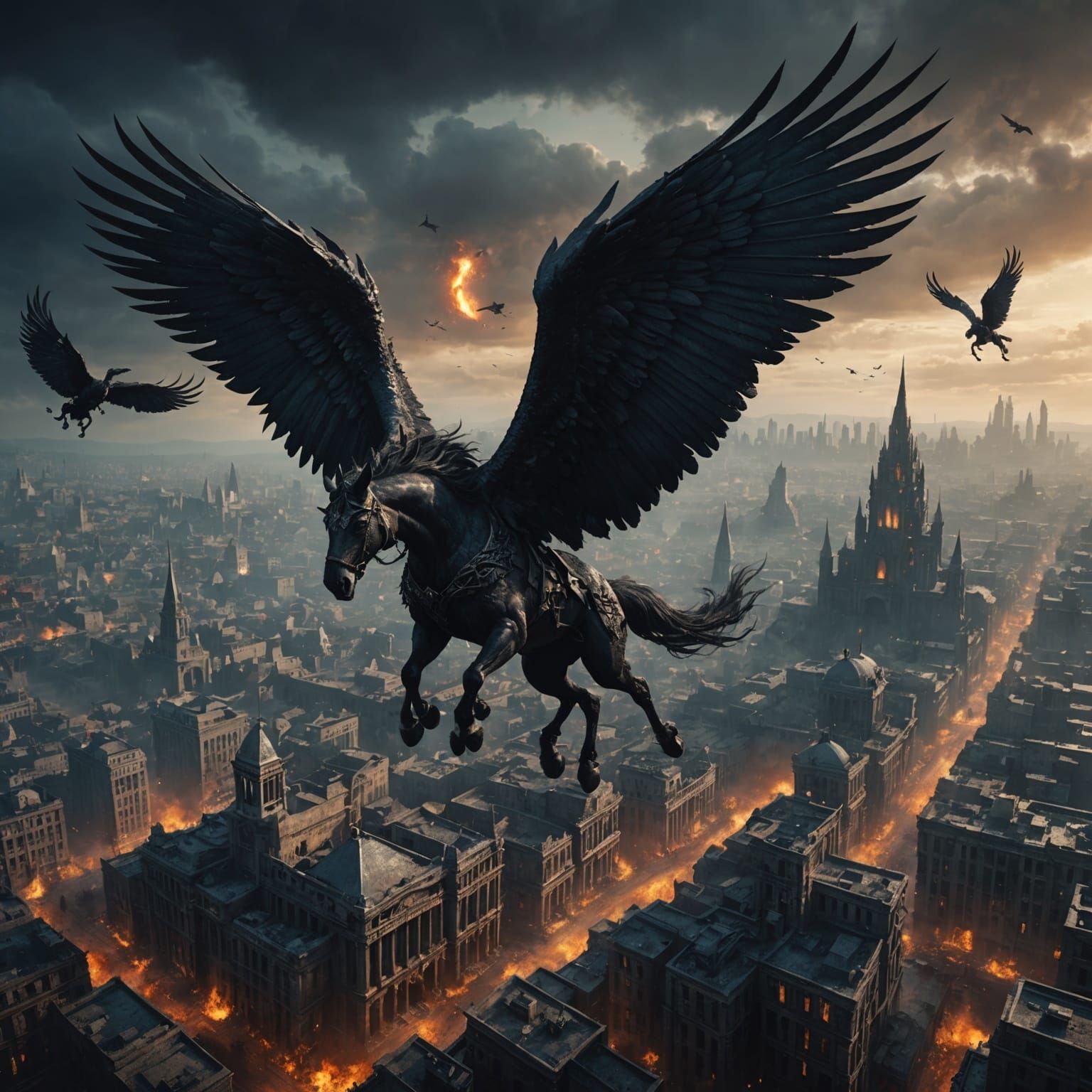 Dark Pegasus Over Hell City: Fantasy Concept Art