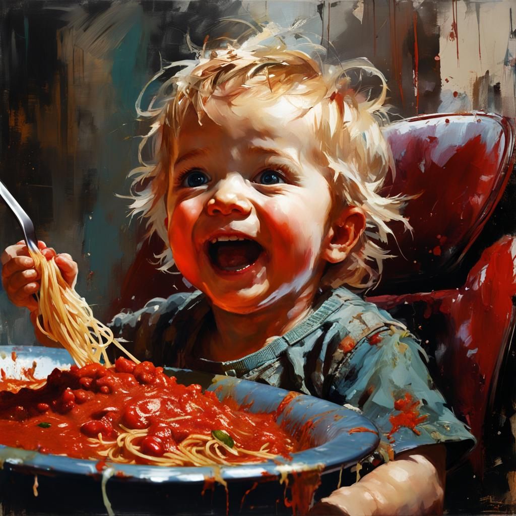 Toddler Covered in Spaghetti: Matte Painting