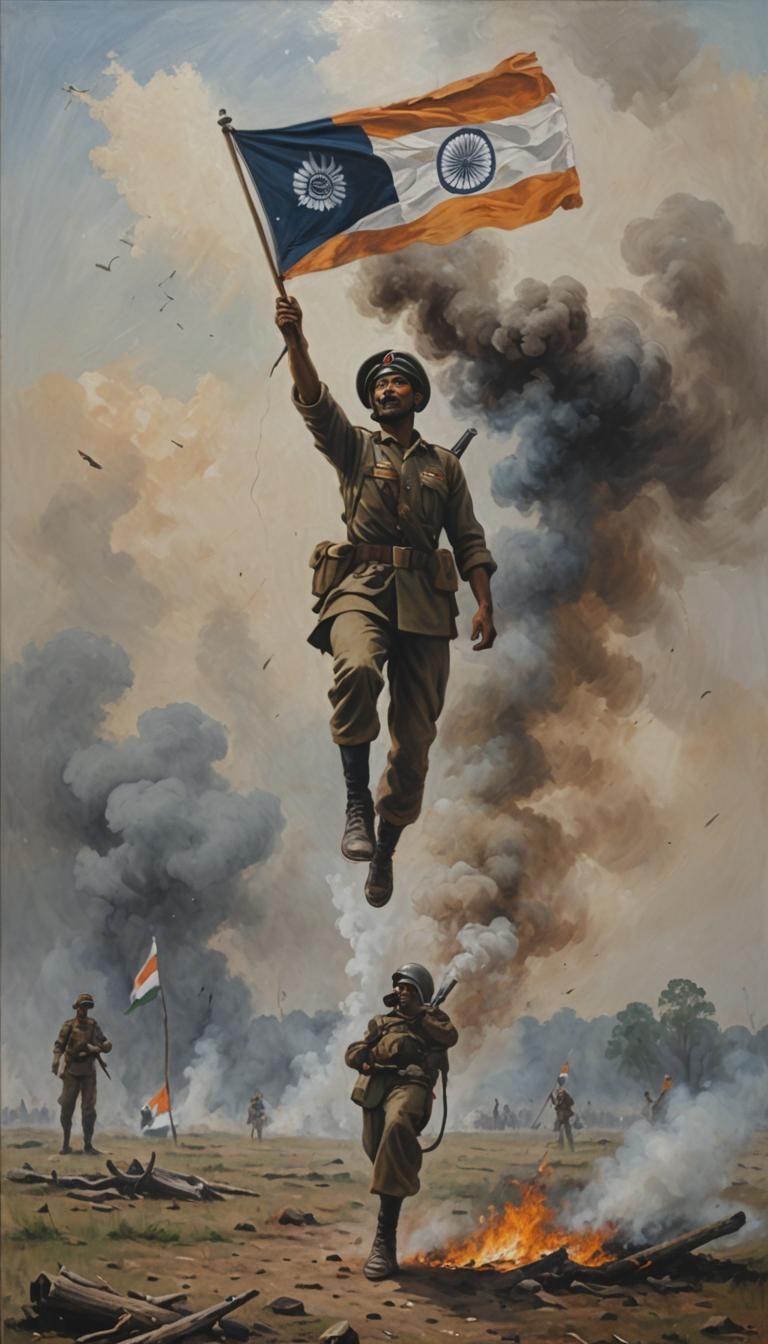 Oil painting of a falling soldier with indian flag in hand, ...