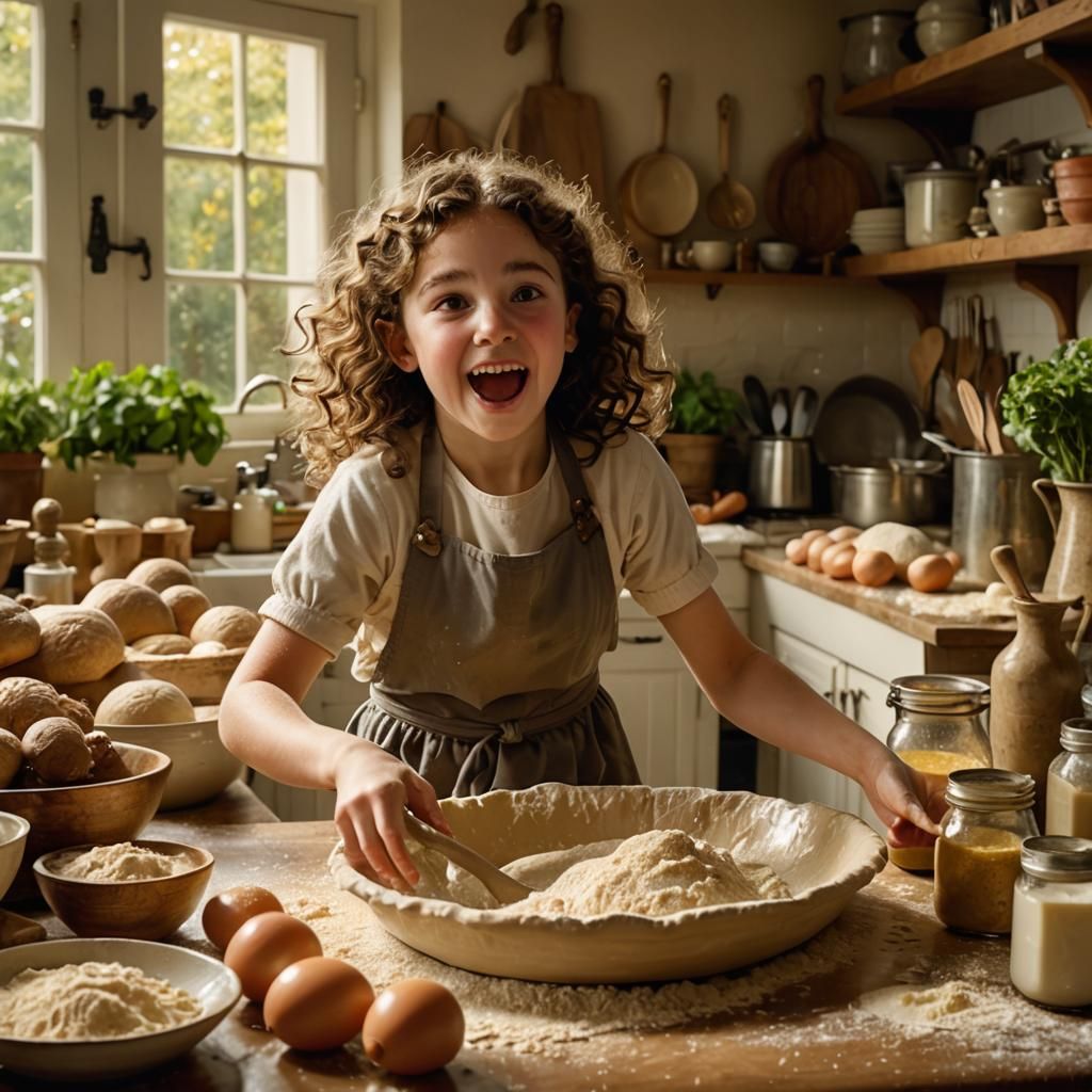 Girl Kneading Dough in Kitchen, Storybook Illustration