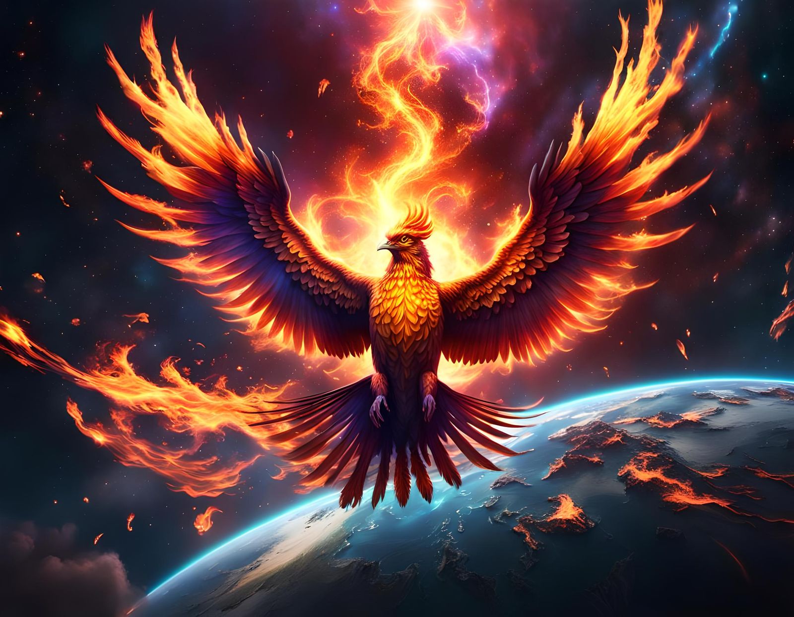 Galactic Phoenix in Flight: Detailed Matte Painting