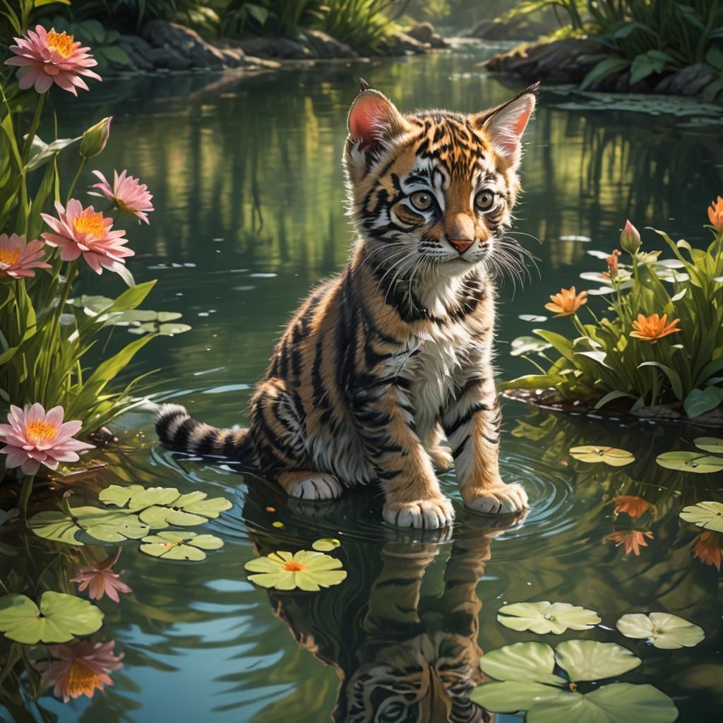 Kitten's Tiger Reflection in Forest Lake: Hyperrealistic Art