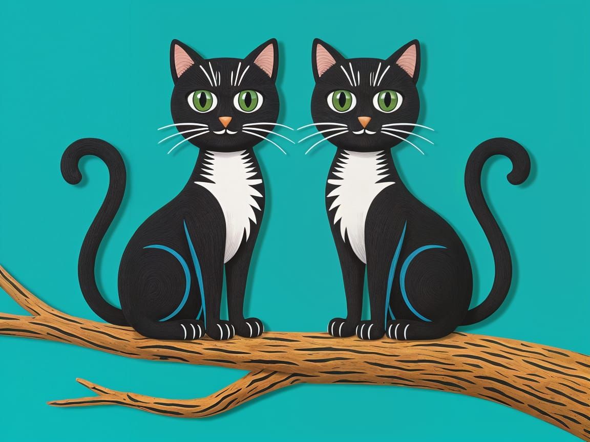 Vibrant Fabric Cats Perch on Wooden Branch