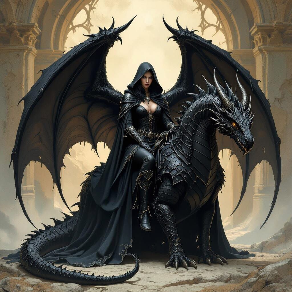 Witch Manon Rides Mythical Wyvern in Epic Fantasy Style