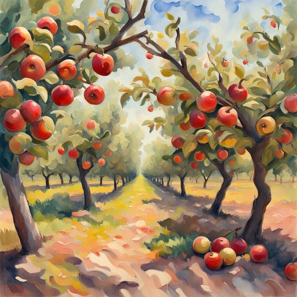 Apple Orchard in Gouache and Watercolor Style