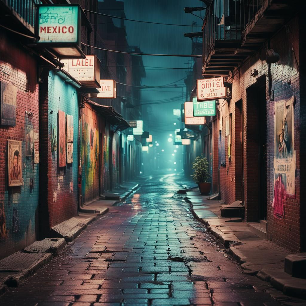 Retro Futuristic Mexico City Alley at Night