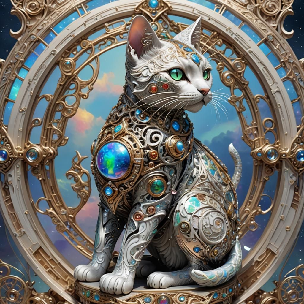 Cybernetic Cat Guarding an Opal Sphere