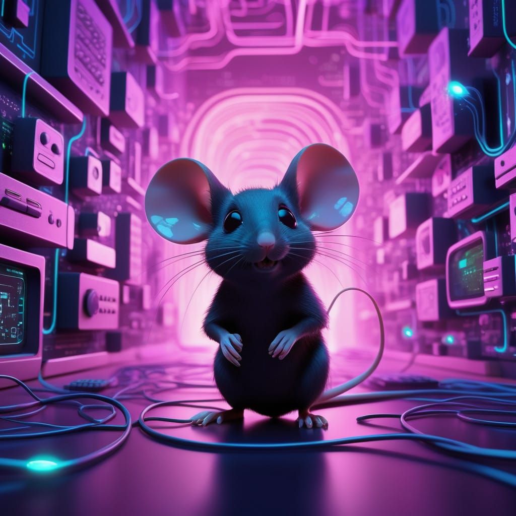 A whimsical, futuristic mouse burrow crafted from iridescent, flowing binary code, with tiny, pixelated cyber-mice scamp...