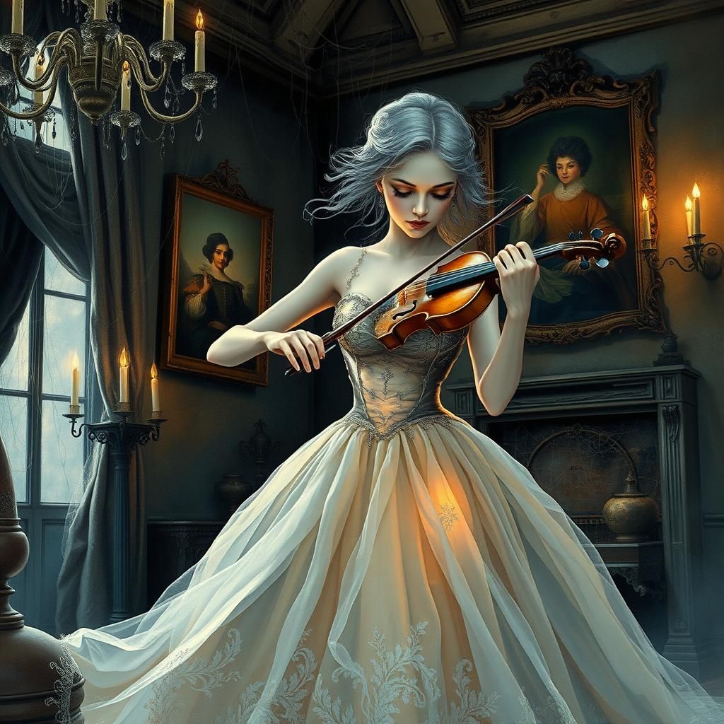 Ethereal Ghost Playing Violin in Haunted House