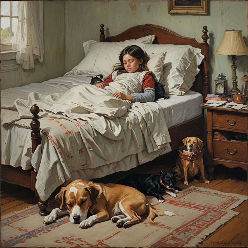 Girl and Dog Sleeping, Oil Painting
