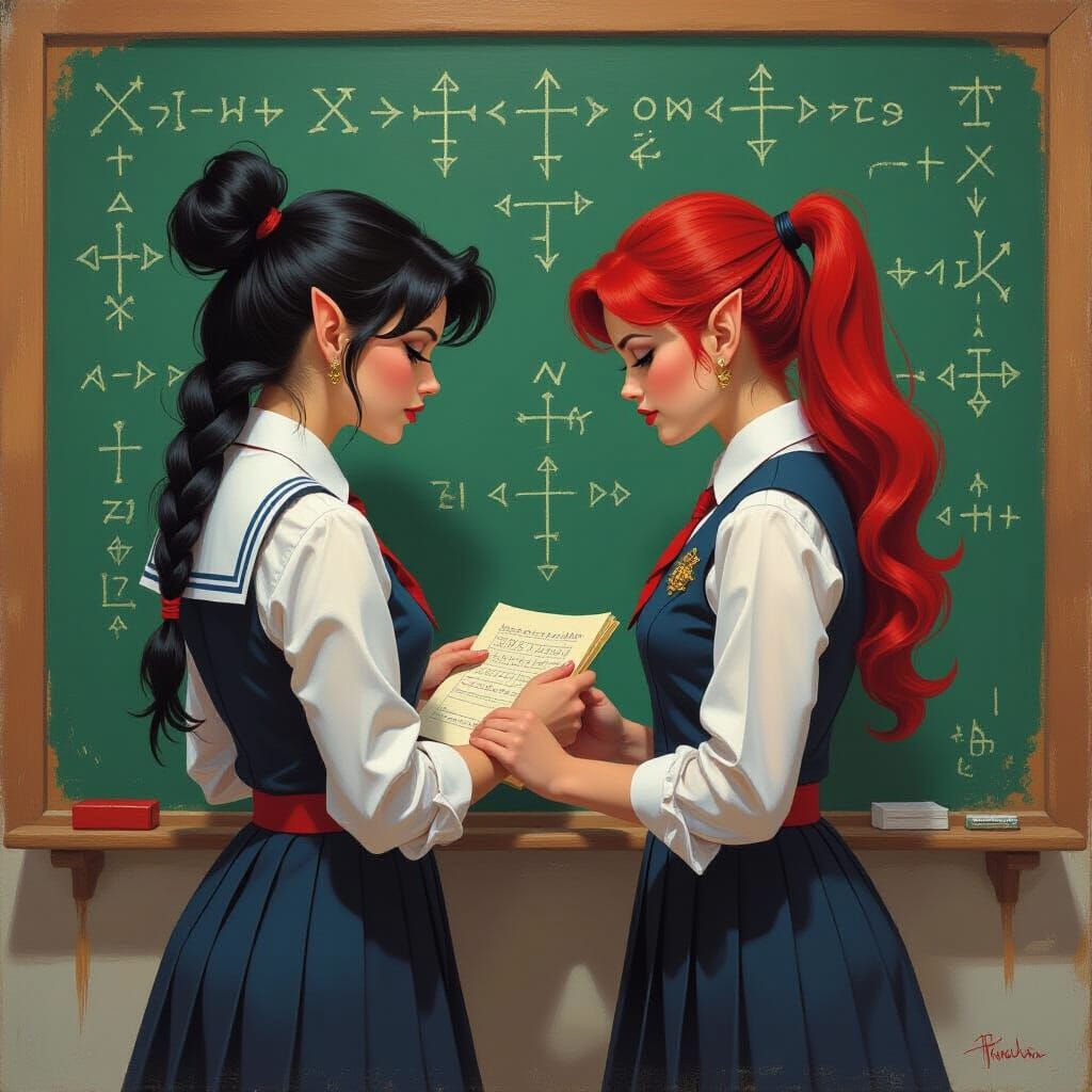 Elven Students Study Arcane Magic as Oil Painting