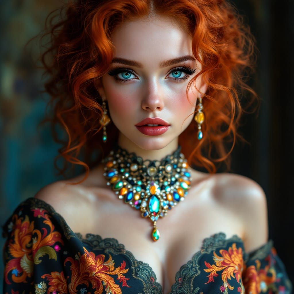 Dramatic Portrait of Woman in Brocade Gown, Art Nouveau Styl...