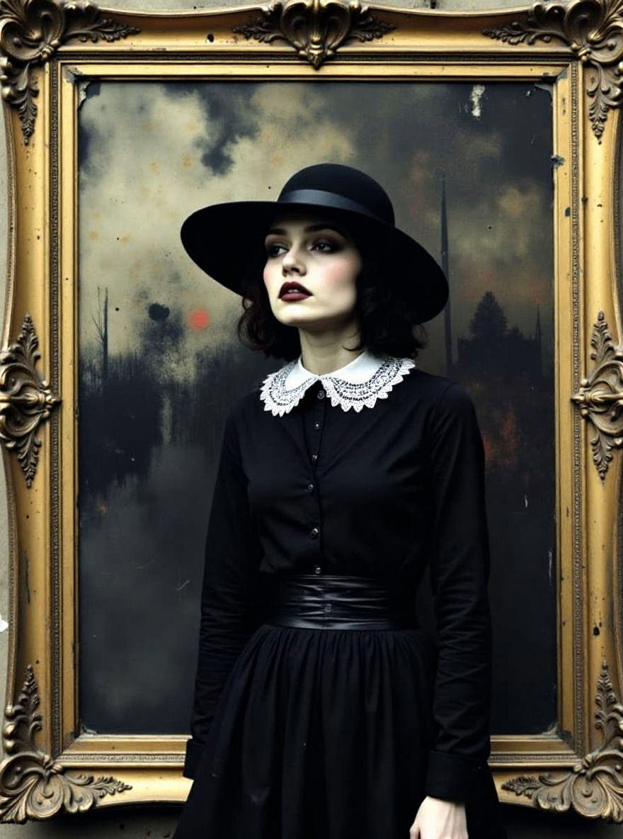Gothic Portrait in Gilded Frame with Dark Atmosphere
