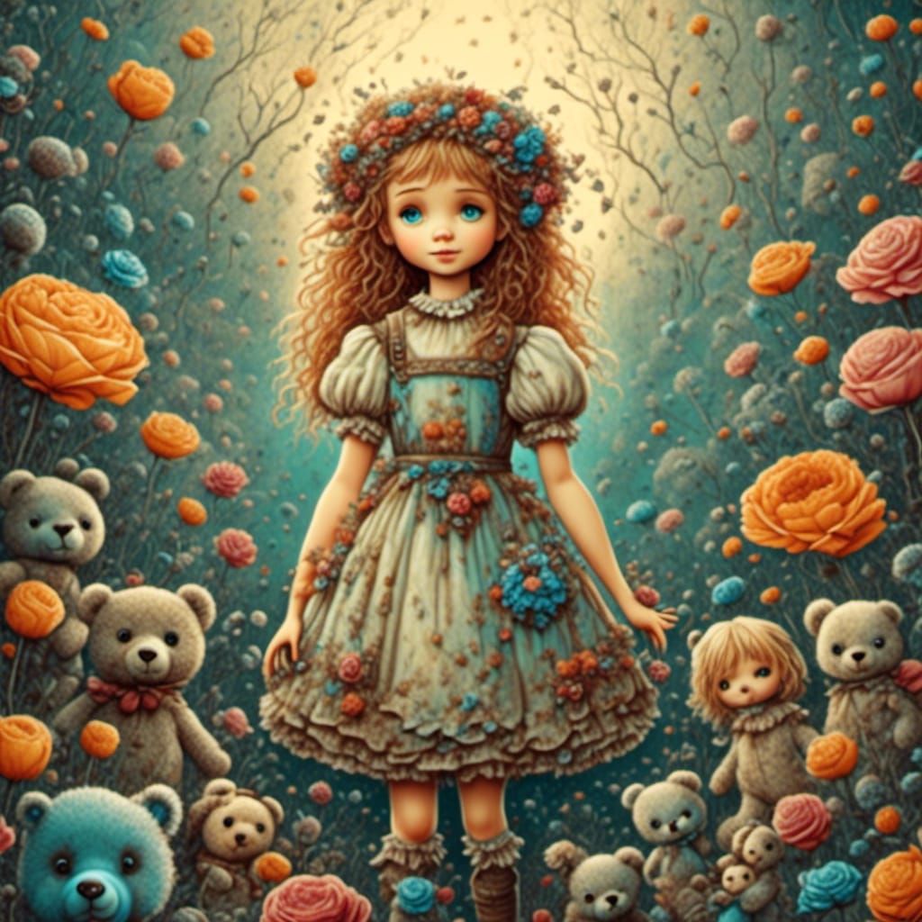 Whimsical Girl with Teddy Bear: Luminous Linework Portrait