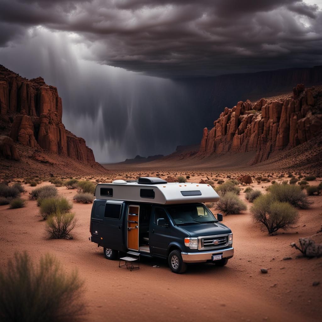 Desert Canyon Storm with Camper Van