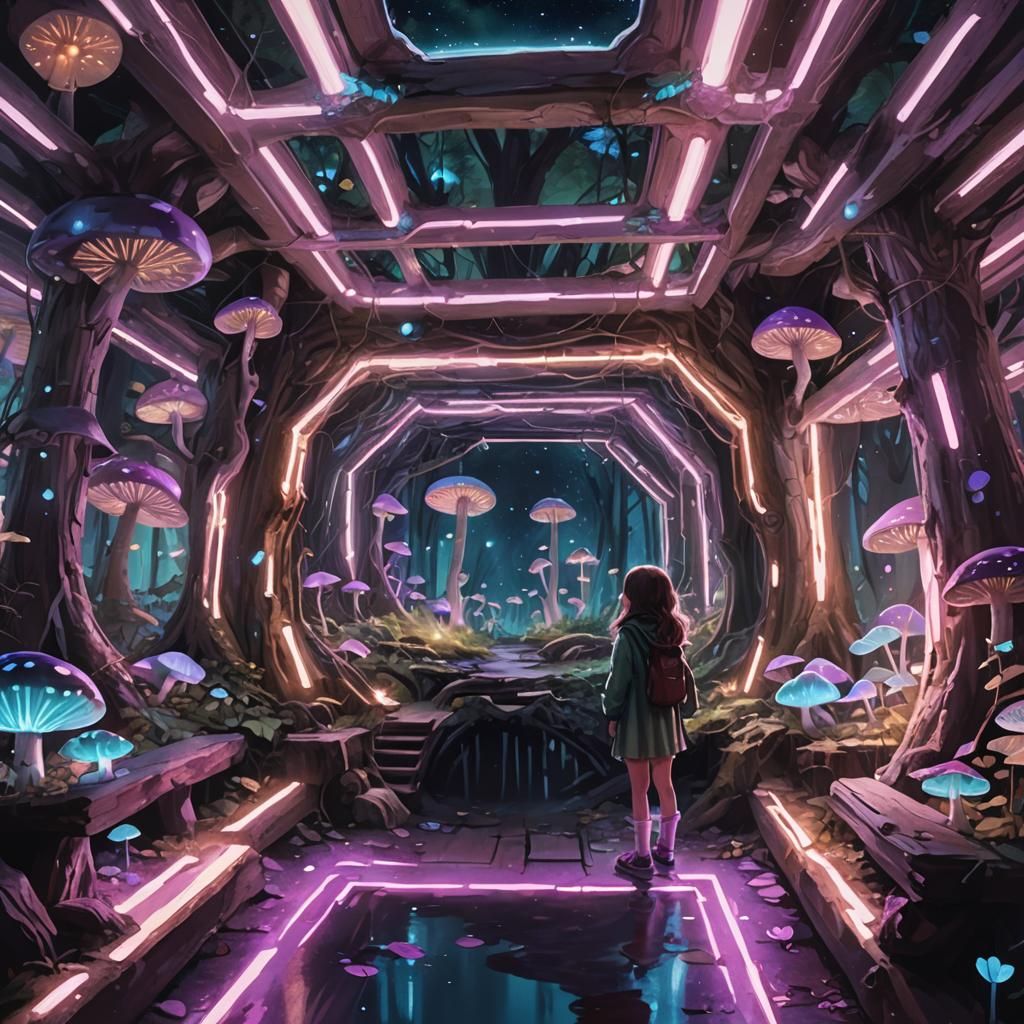 Enchanted Forest Girl Surrounded by Glowing Mushrooms