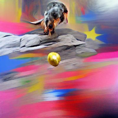 Happy Silver Dapple Dachshund Catches Ball in Pop Art