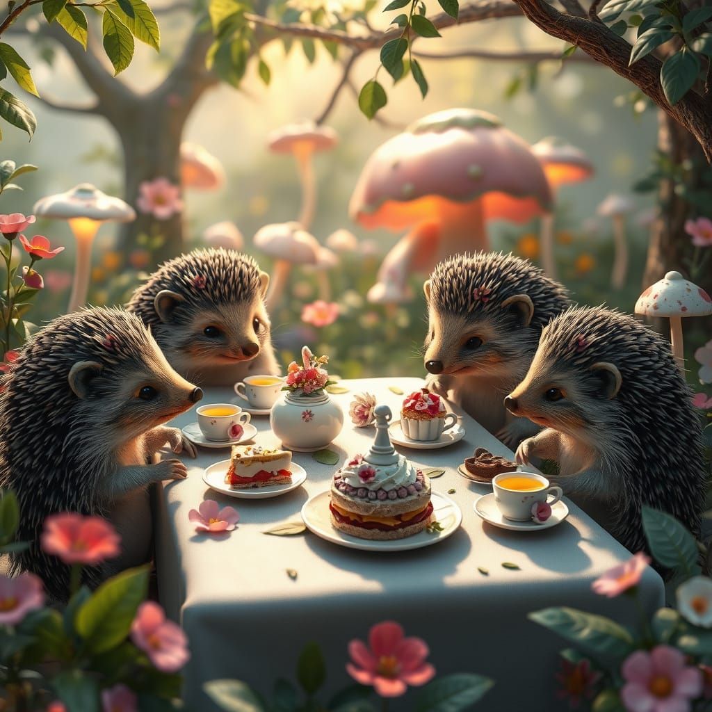 Hedgehog Tea Party in Secret Garden, Hyperrealistic Art