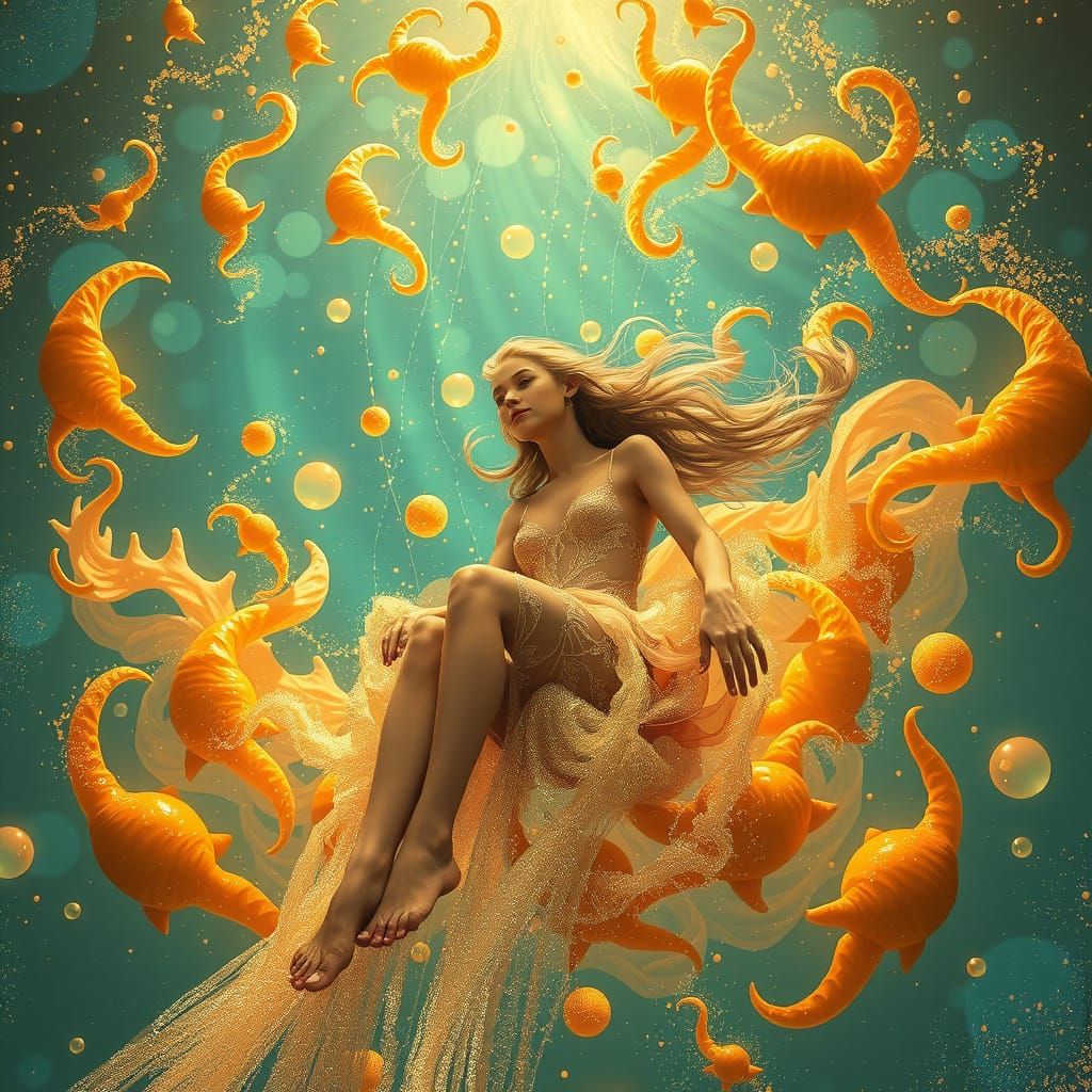 Woman Floats on Soda Sea in Dreamlike Style