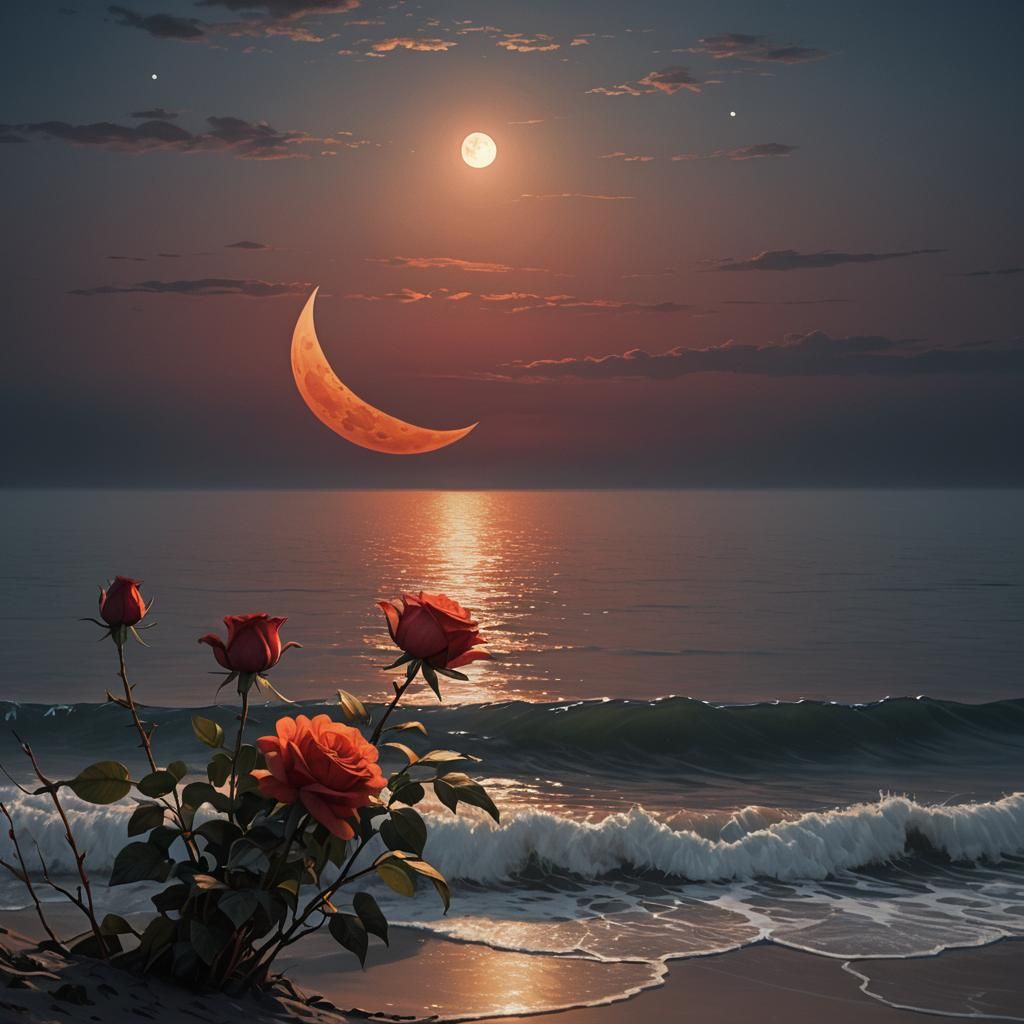 Giant Moonlit Seascape with Red Roses
