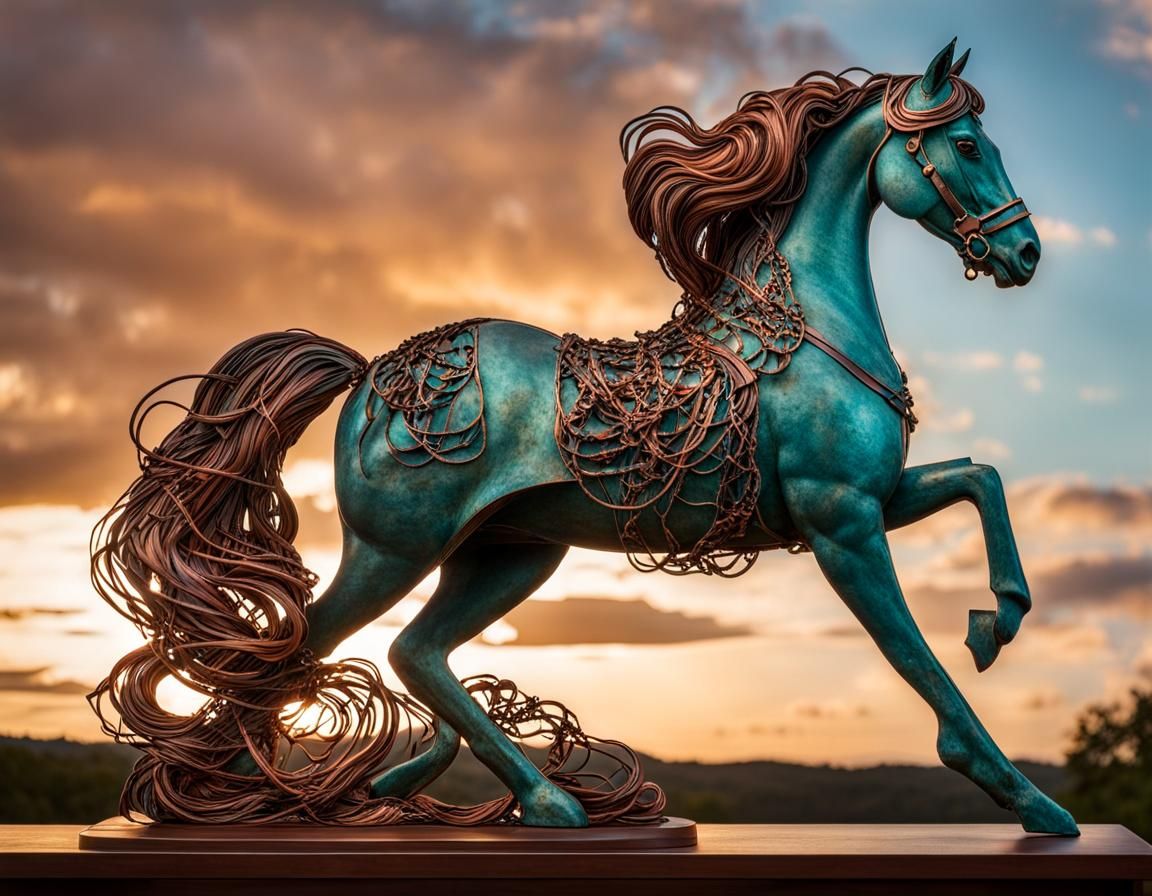 Copper Horse Sculpture with Volumetric Lighting